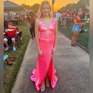 hot pink formal dress. work once. perfect condition. altered to x small. sequins